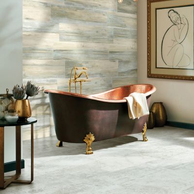 bathroom design with wood accent wall and tile flooring in Lexington Park, MD