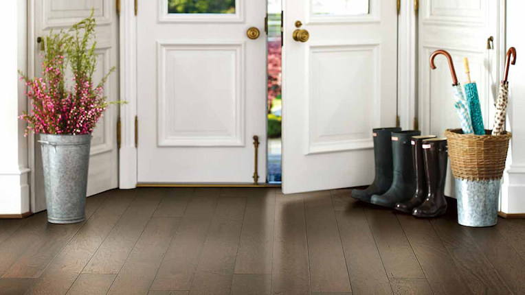 dark wood look luxury vinyl flooring in a entryway